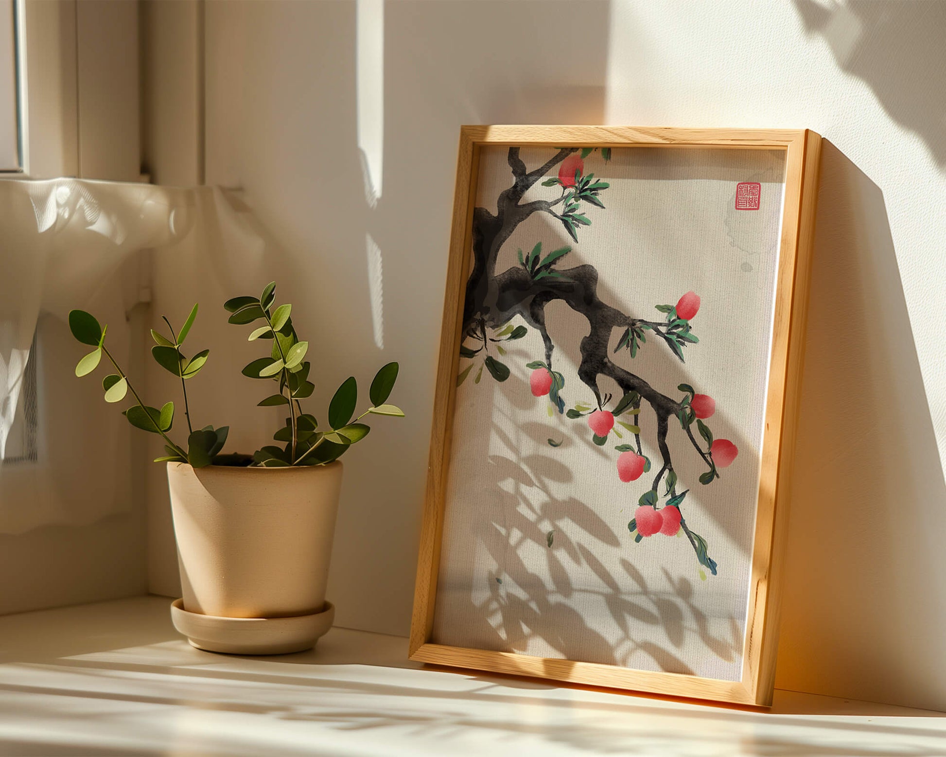 Asian ink painting featuring cherry blossoms on a textured background