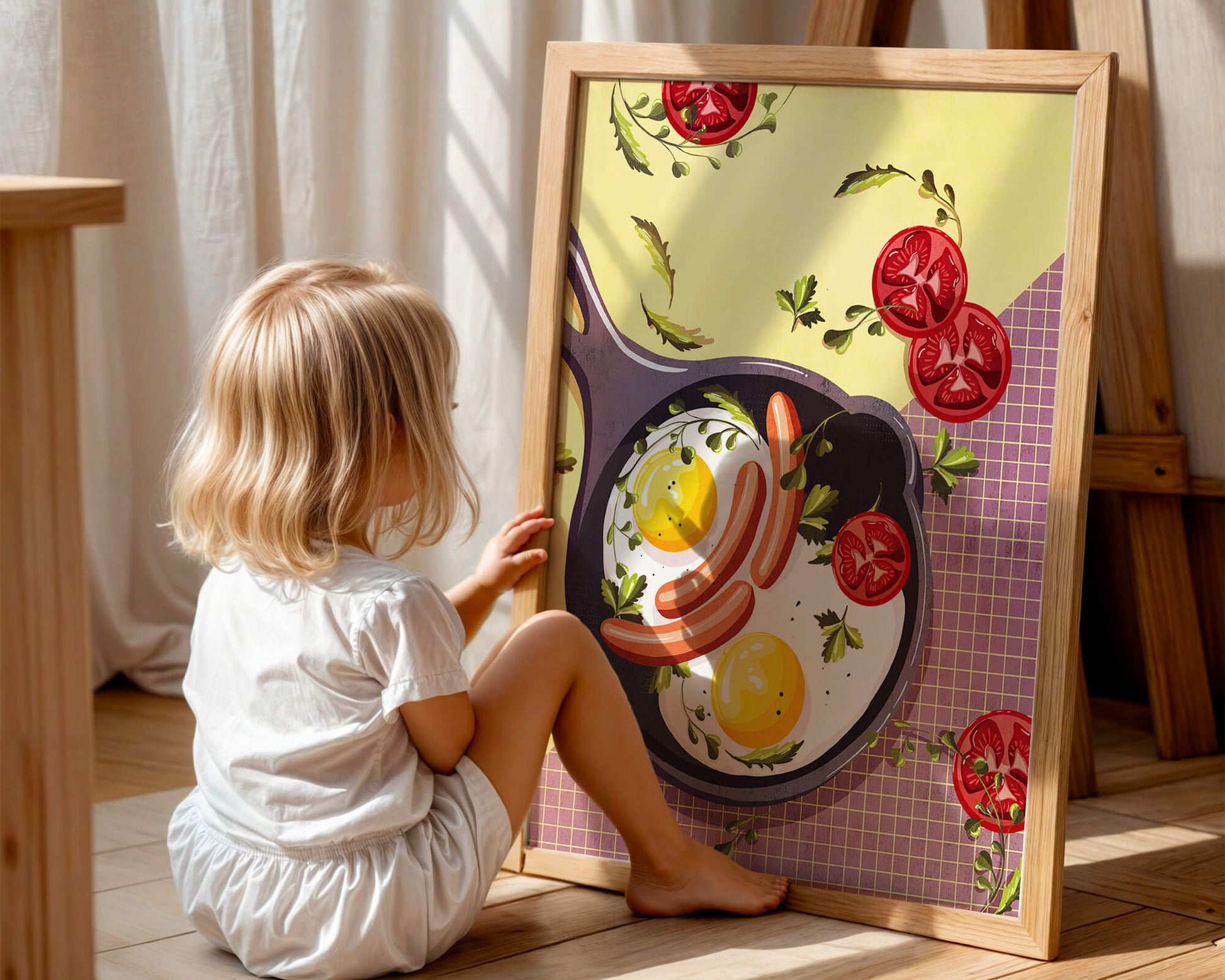 Fried Eggs and Sausages in Pan with Tomatoes and Herbs on Colorful Background