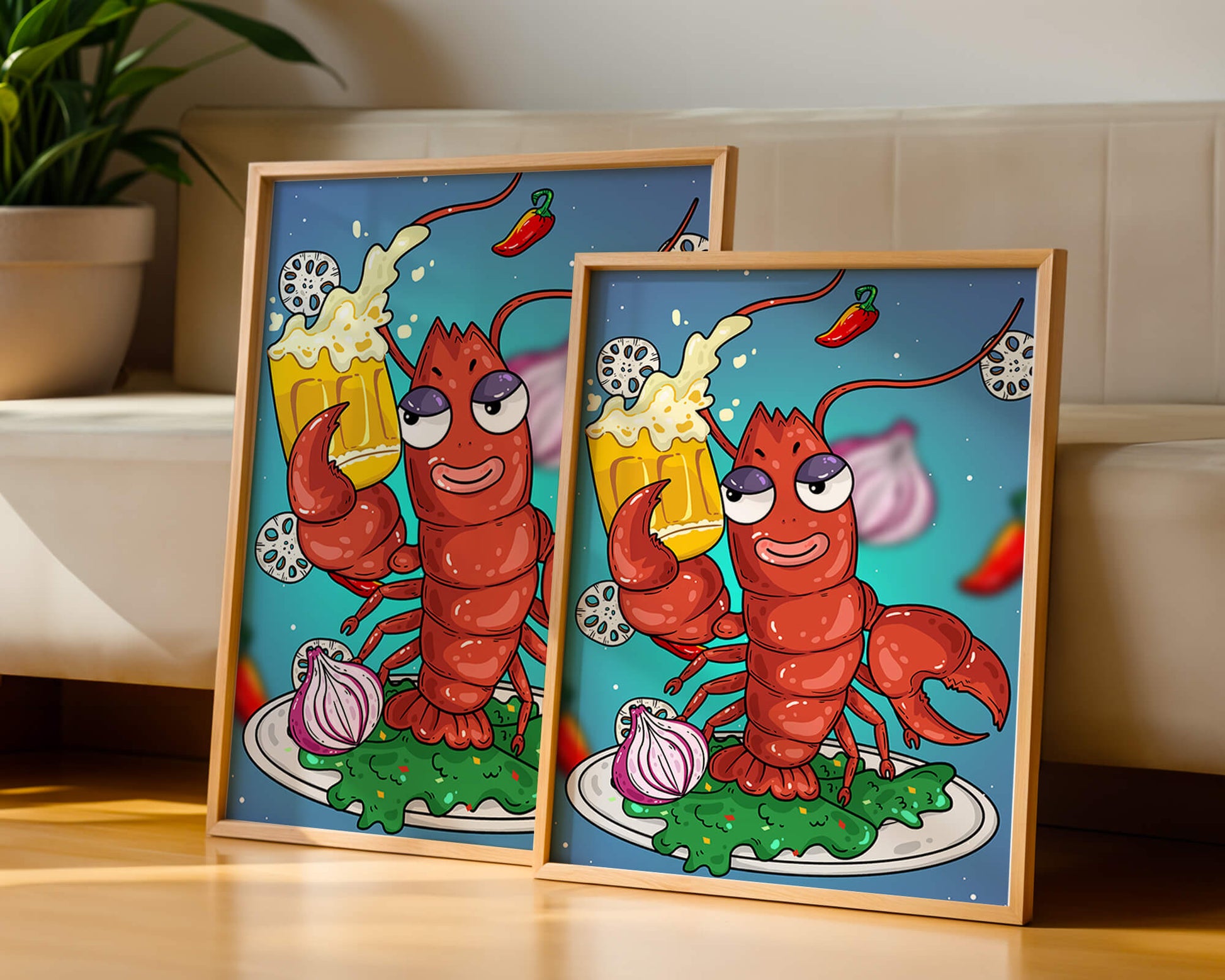 Playful cartoon lobster holding a beer in a whimsical setting