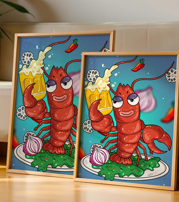Playful cartoon lobster holding a beer in a whimsical setting