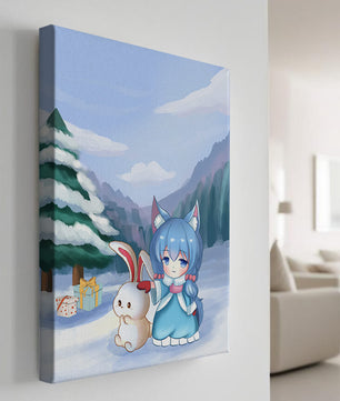 Winter scene with cute chibi character and bunny in snowy landscape