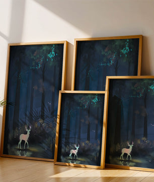Escena de bosque encantado con un ciervo luminoso y luces azules místicas