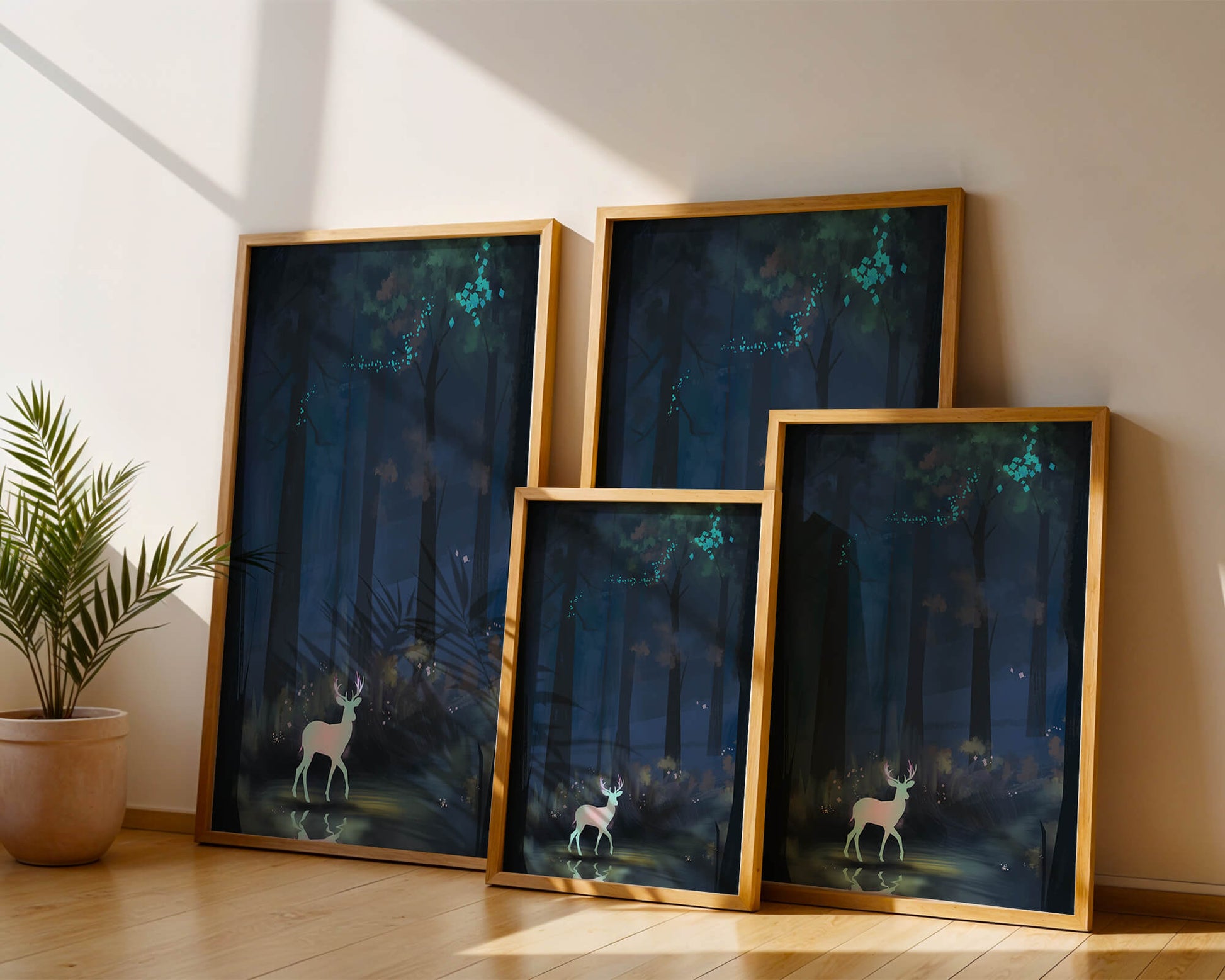 Escena de bosque encantado con un ciervo brillante y luces azules místicas