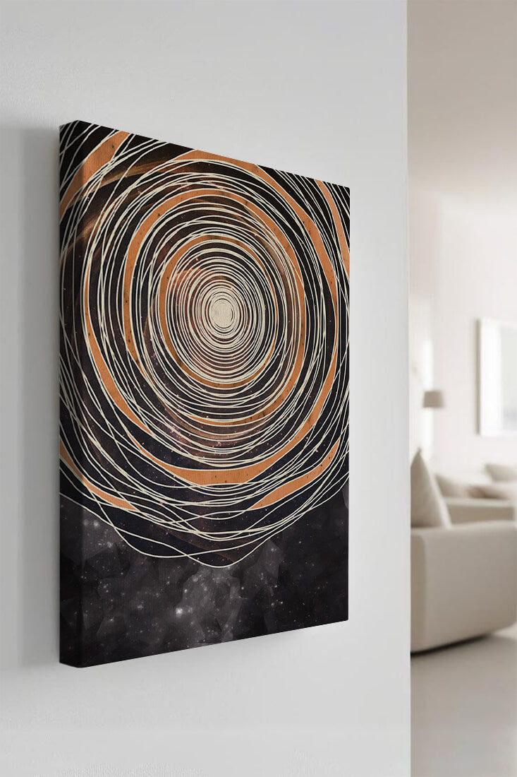 Abstract cosmic spiral with concentric oval patterns and starry background