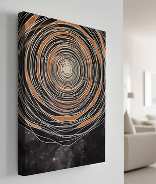 Espiral cósmica abstracta con patrones ovalados concéntricos y fondo estrellado