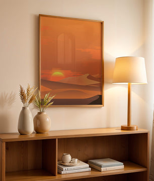 Sunset in Desert with Rolling Sand Dunes and Vibrant Orange Sky - Mi tienda