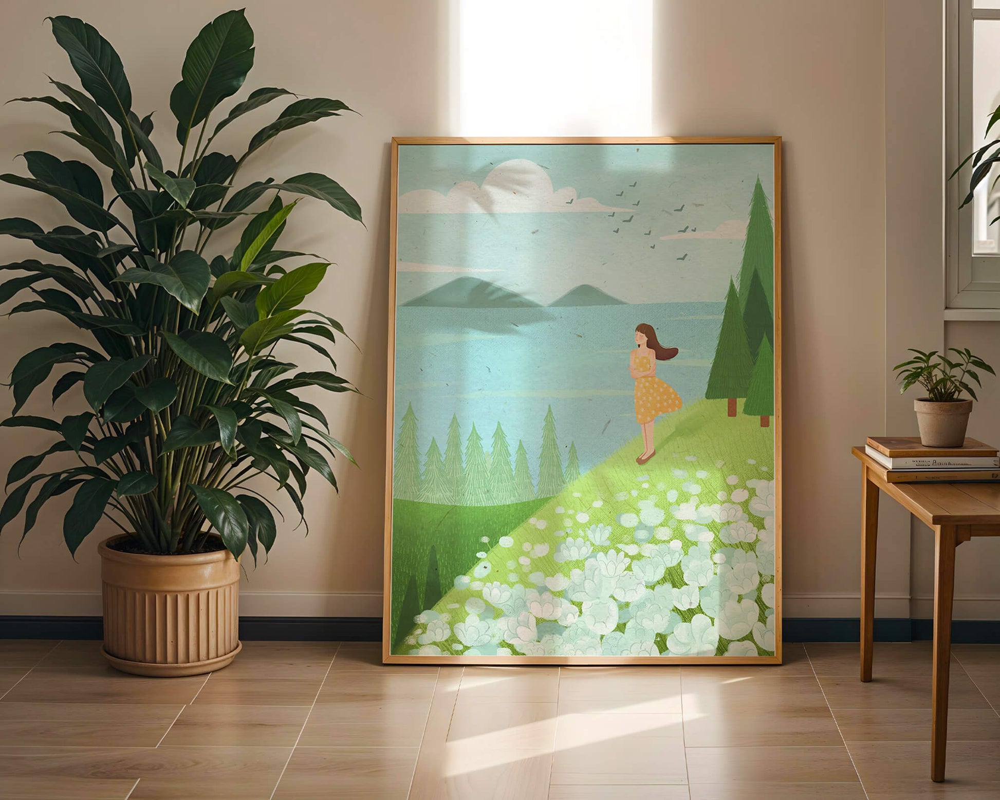 Mujer en vestido amarillo en la ladera con flores y árboles