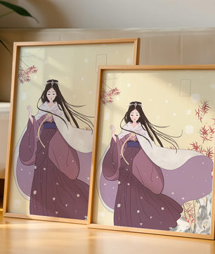 Elegant Woman in Traditional Garment with Snowflakes and Branches