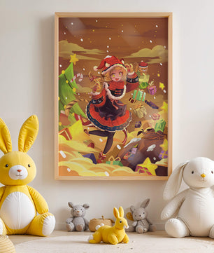 Festive anime character surrounded by gifts and holiday decor