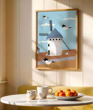 Windmill Landscape with Birds in a Minimalist Style