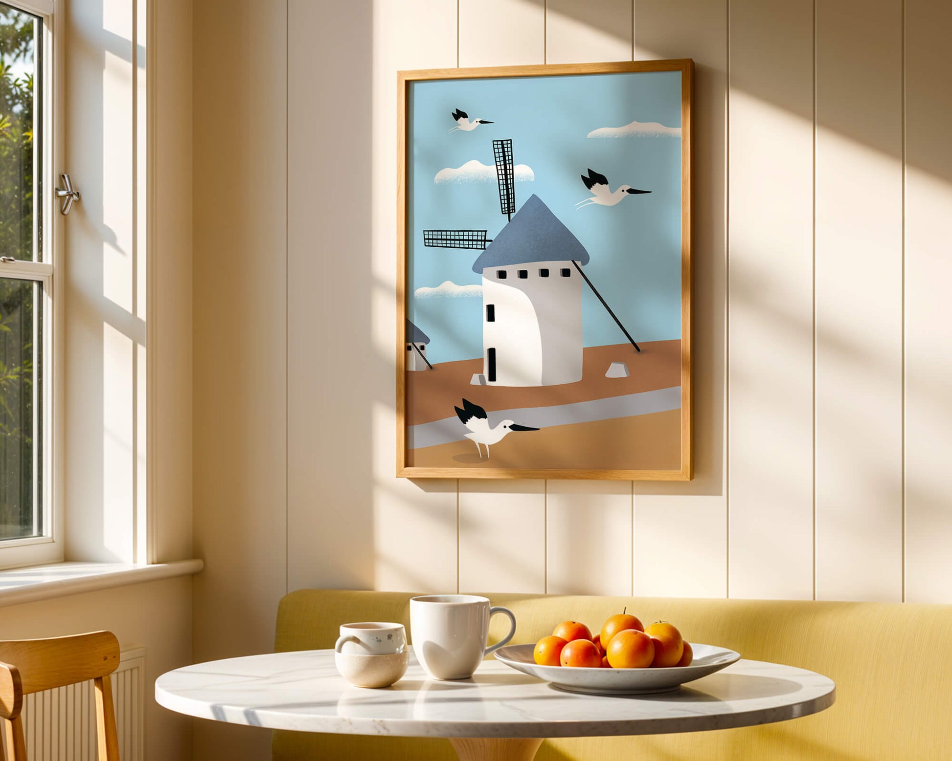 Paisaje de molino de viento con pájaros en estilo minimalista