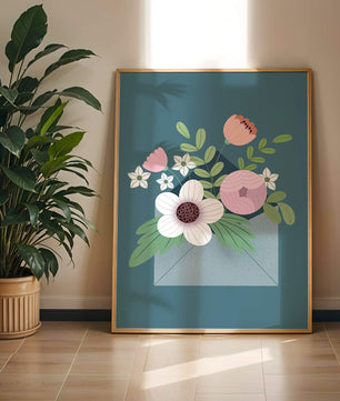 Bouquet floral illustré sortant d'une enveloppe sur un fond bleu sarcelle