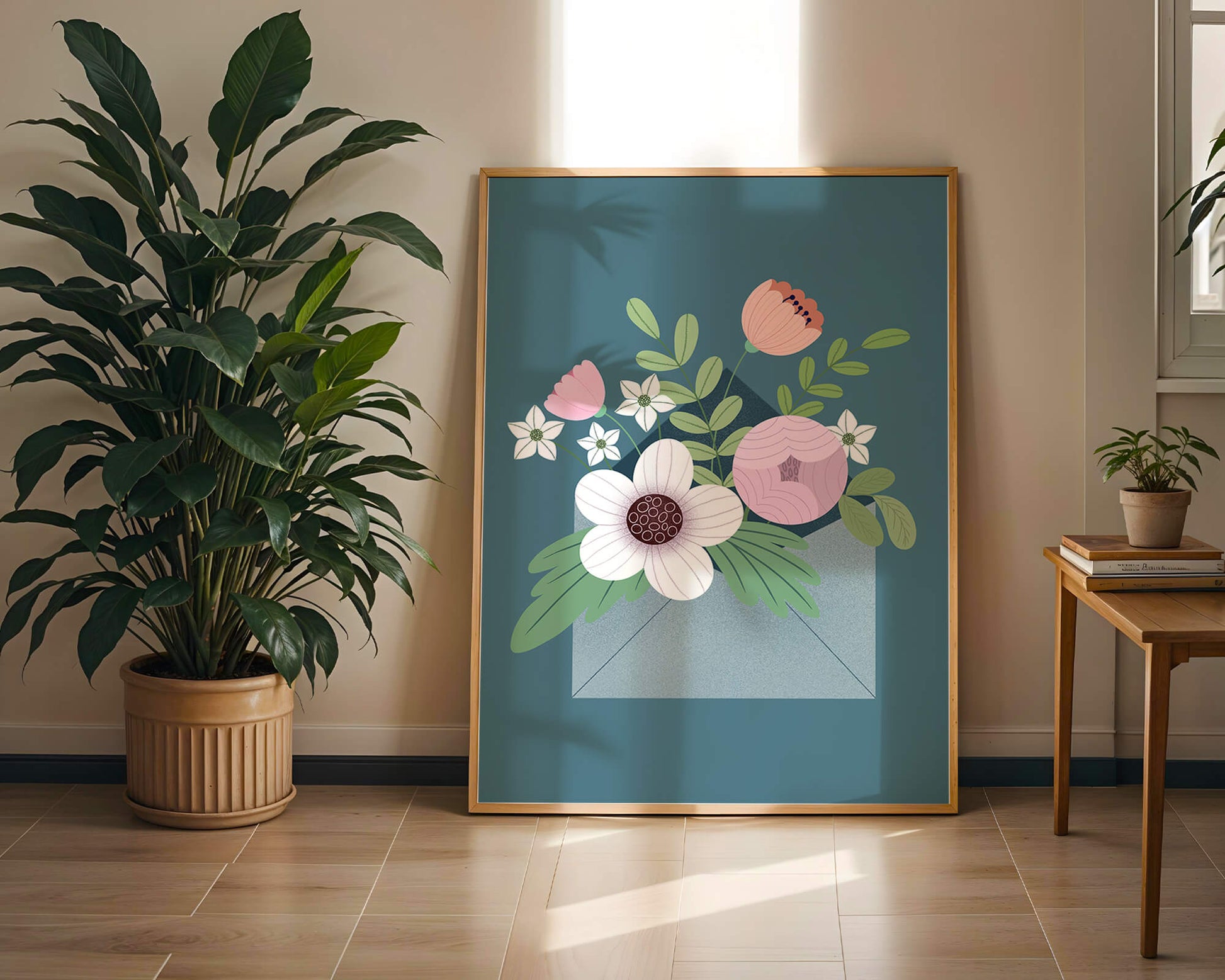 Bouquet floral illustré sortant d'une enveloppe sur un fond bleu sarcelle