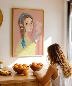 Illustration d'une fille avec un bandeau tenant une tasse fumante