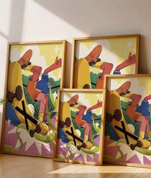Ilustración abstracta colorida con un skater en movimiento dinámico