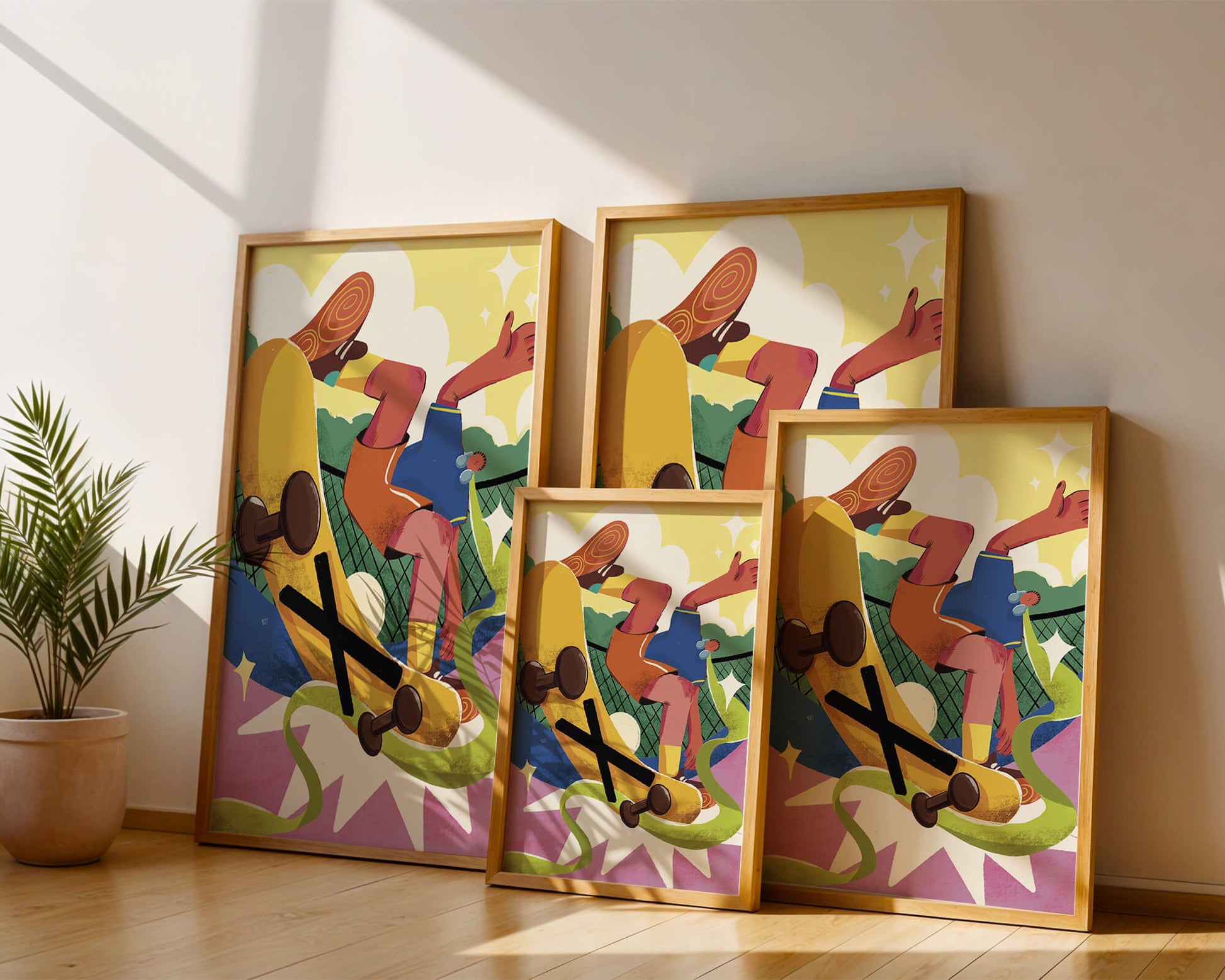 Ilustración abstracta colorida con un skater en movimiento dinámico