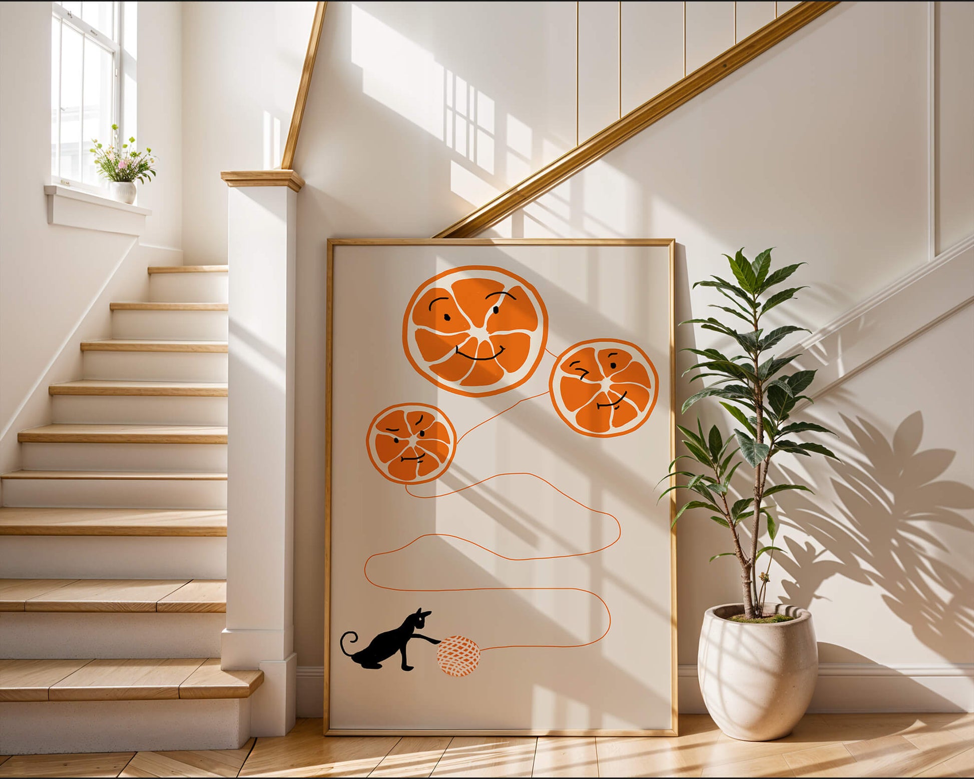 Playful illustration of oranges with cat and yarn