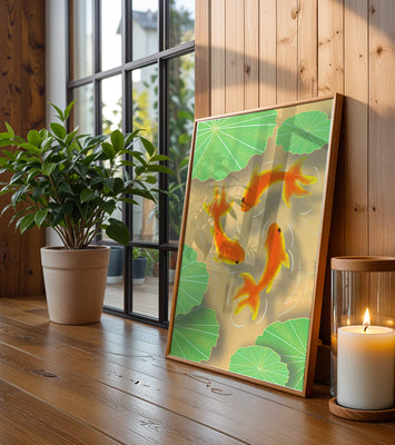 Tranquil pond scene with koi fish and lily pads