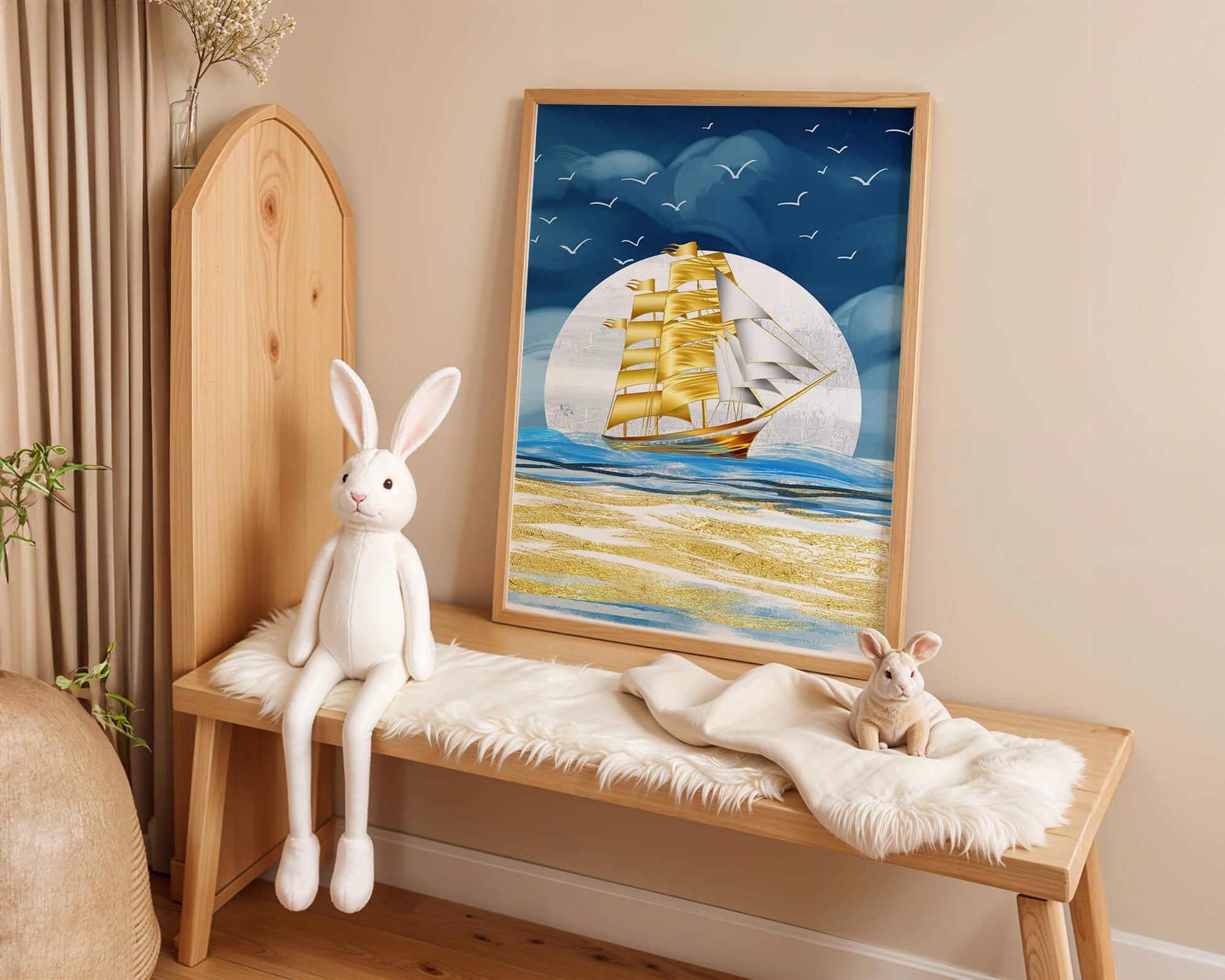 Golden Sailing Ship on the Sea with Seagulls and Blue Horizon
