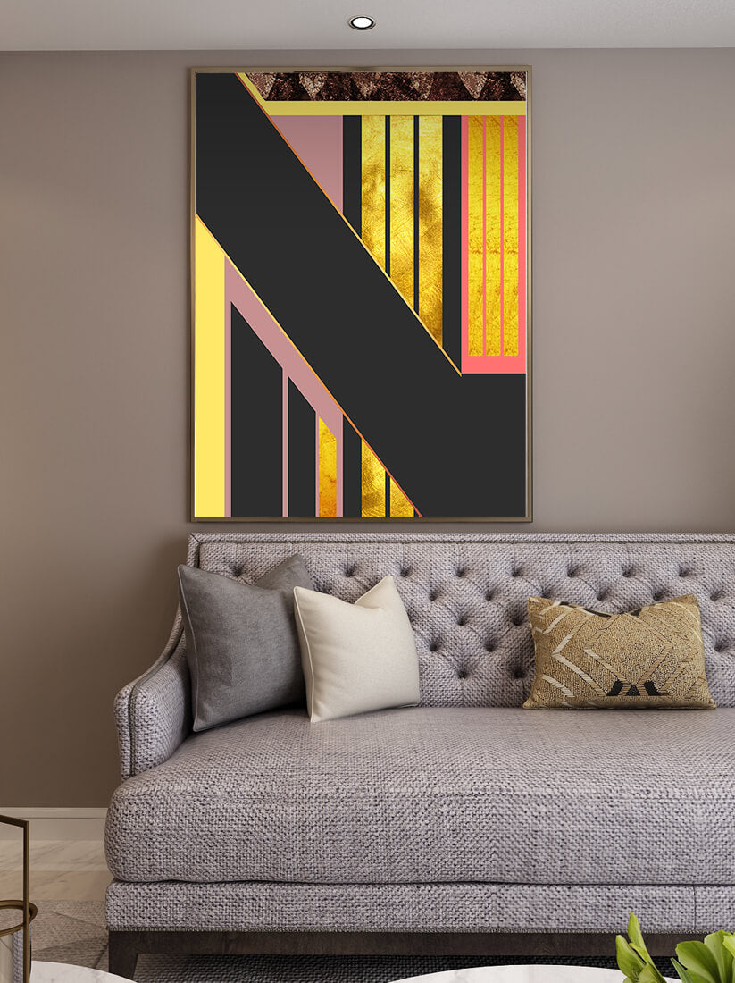 Geometric abstract art with gold and heart accents