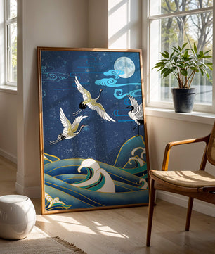 Una escena nocturna serena con grullas y olas al estilo del arte tradicional japonés