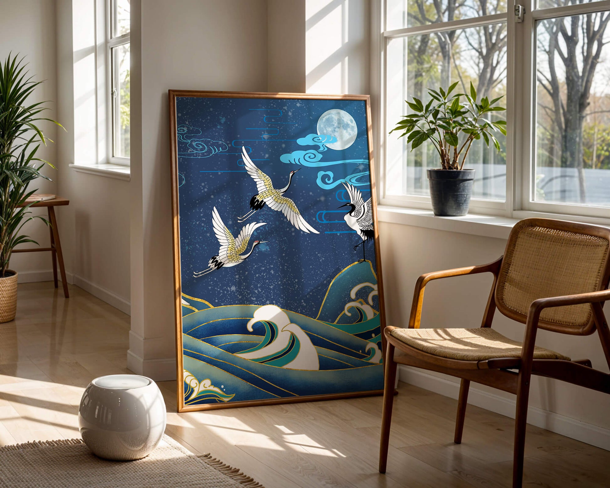 A Serene Night Scene with Cranes and Waves in Traditional Japanese Art Style