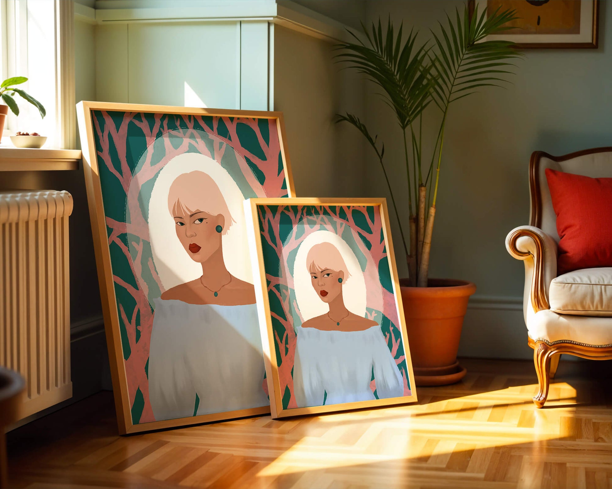 Illustration einer Frau mit einem pastellfarbenen Hintergrund aus abstrakten Bäumen