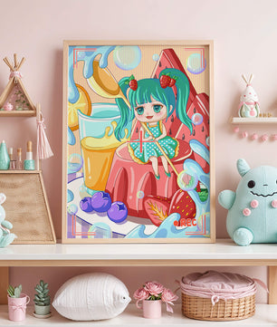 Scène de dessert fantaisiste avec un personnage mignon et des couleurs vives