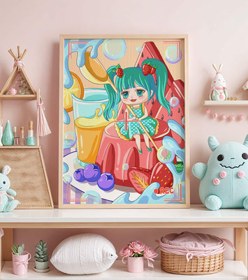 Whimsical dessert scene with cute character and vibrant colors