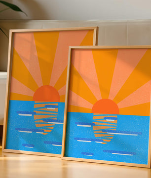 A vibrant sunrise illustration over the ocean with colorful rays