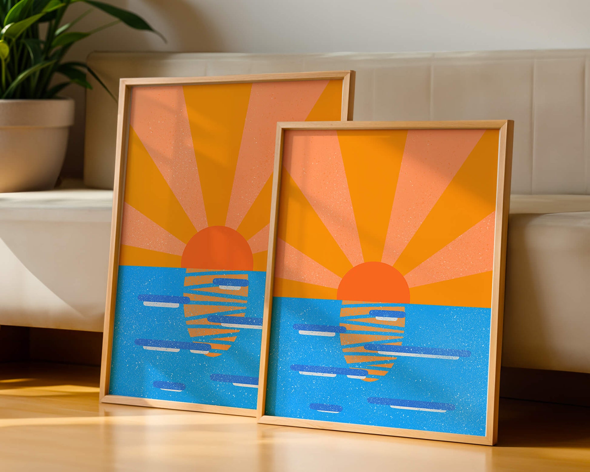 A vibrant sunrise illustration over the ocean with colorful rays