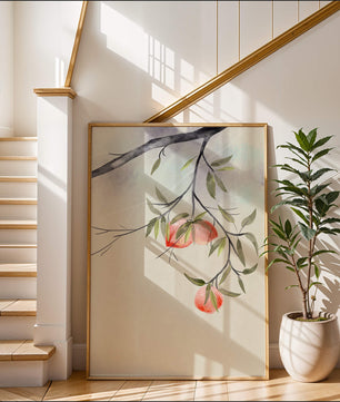 Peaceful Botanical Illustration of Branches with Leaves and Peaches - Mi tienda