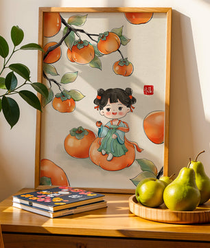 Illustration of a girl sitting on a persimmon surrounded by fruit and leaves