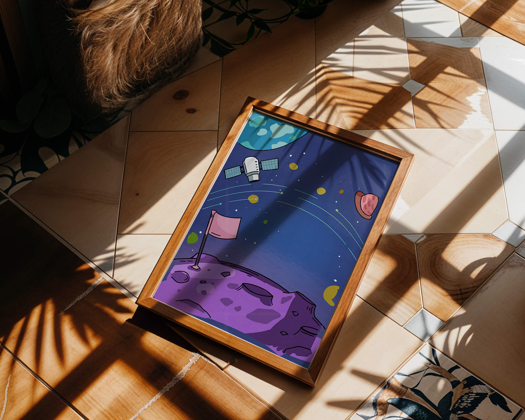 Illustration of outer space scene with planets and satellite