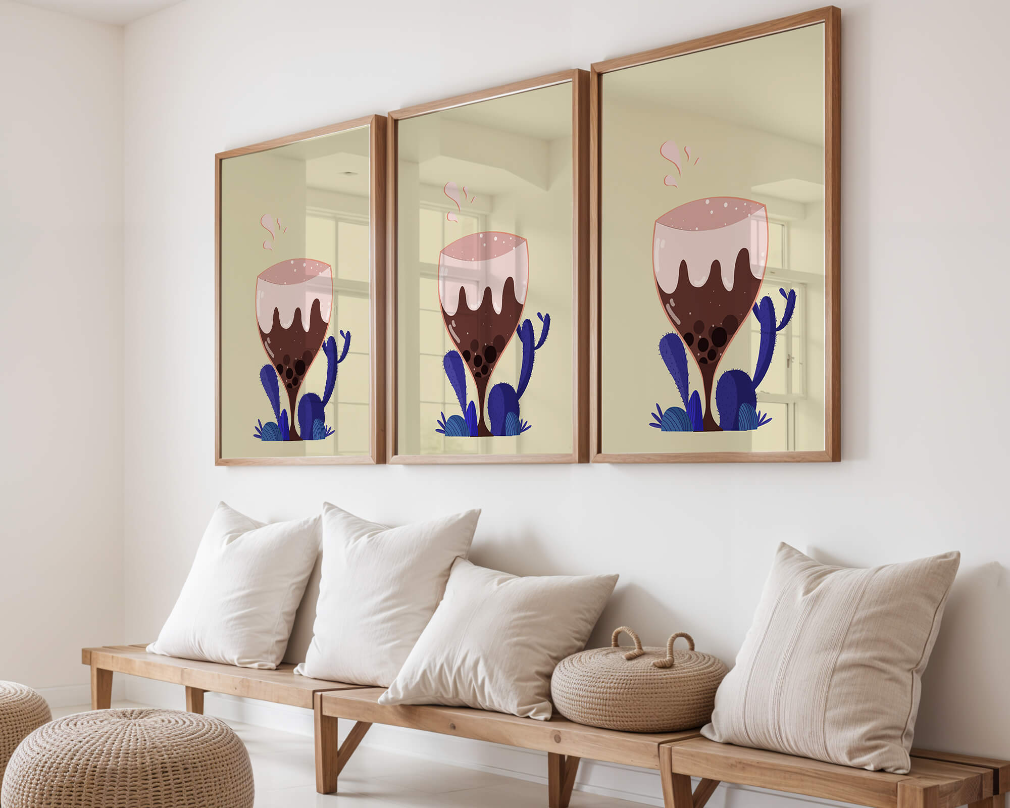 Illustration of a whimsical wine glass with liquid splash and purple plants