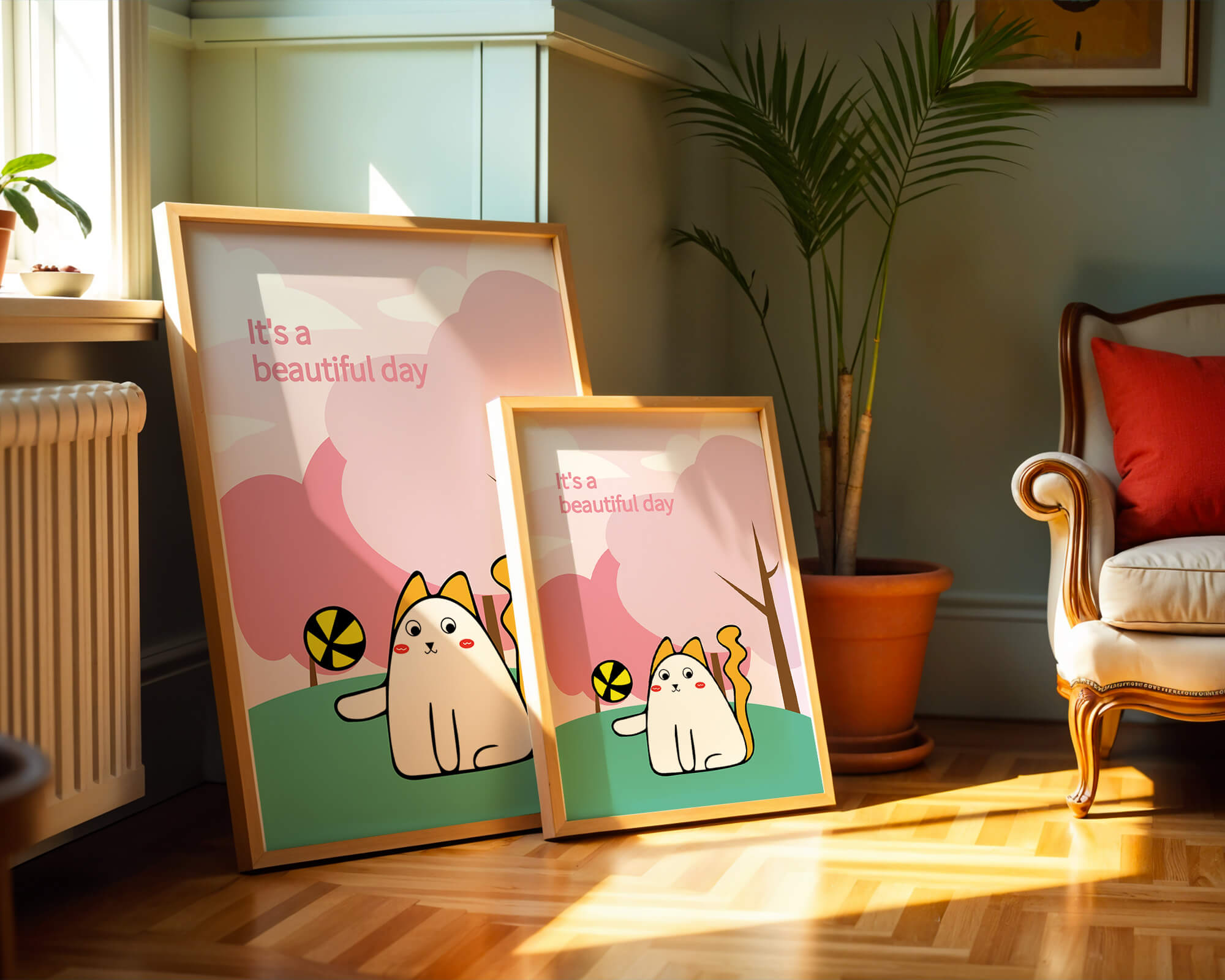 Charming cat illustration in a playful park scene with trees and clouds