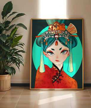 Elegant illustration of a woman in traditional attire with intricate headpiece