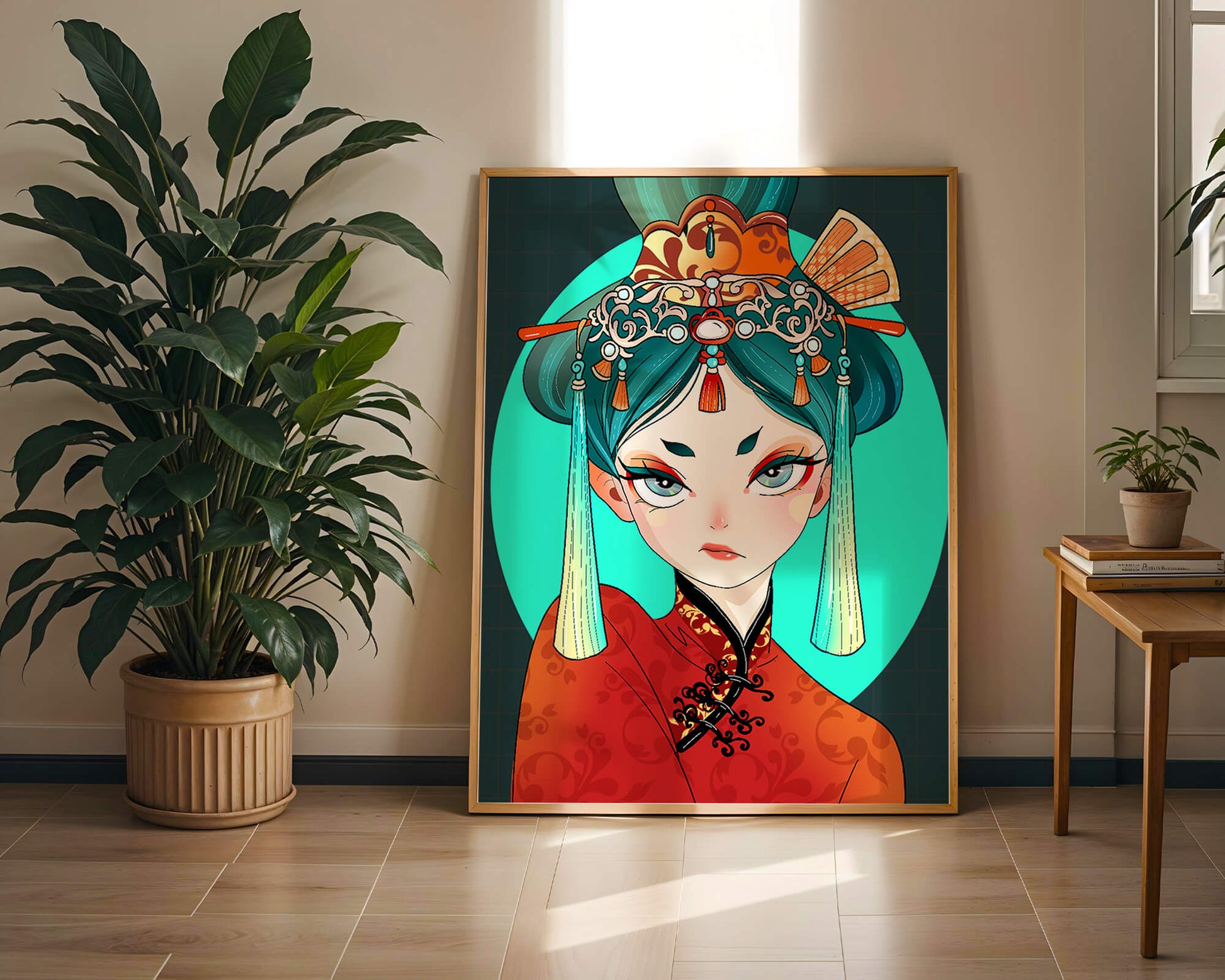 Elegant illustration of a woman in traditional attire with intricate headpiece
