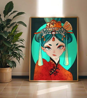 Elegant illustration of a woman in traditional attire with intricate headpiece