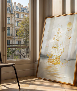 Escena náutica serena con velero dorado en el mar