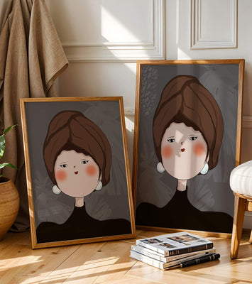 Elegant portrait of a woman with a unique headscarf and expressive features