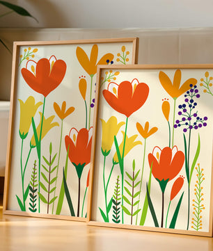 Bright Floral Illustration with Orange, Yellow, and Purple Flowers in Bold Colors