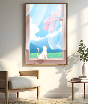Serene scene with cat gazing out at cherry blossoms through window