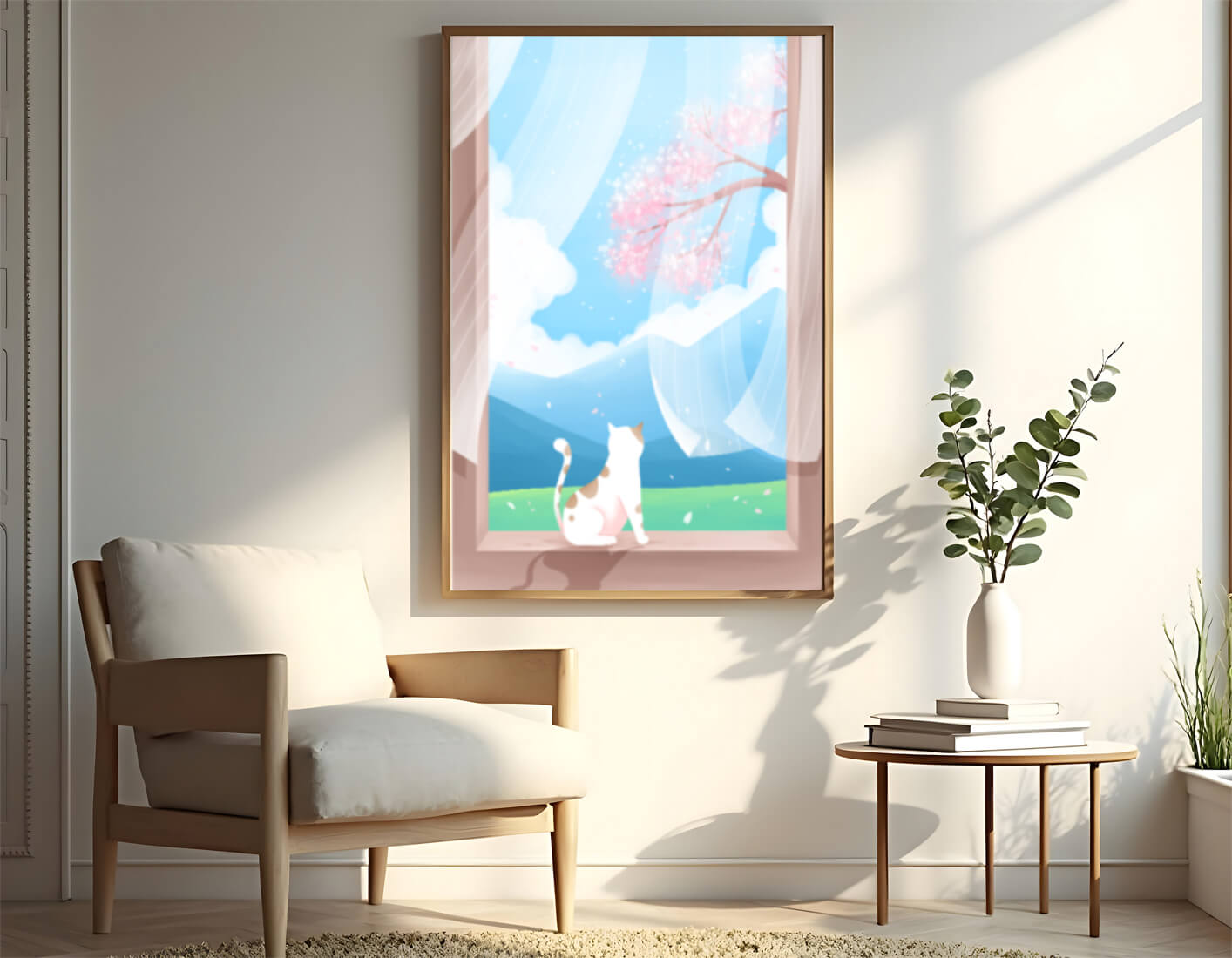 Serene scene with cat gazing out at cherry blossoms through window