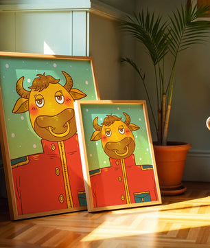 Cartoon cow character in a red coat against a snowy background