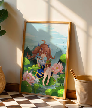Chica de anime sentada en hojas de lirio con montañas al fondo