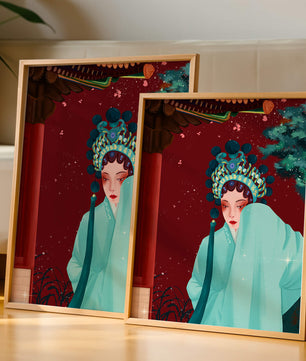 Traditional Asian art with elegant woman in traditional attire