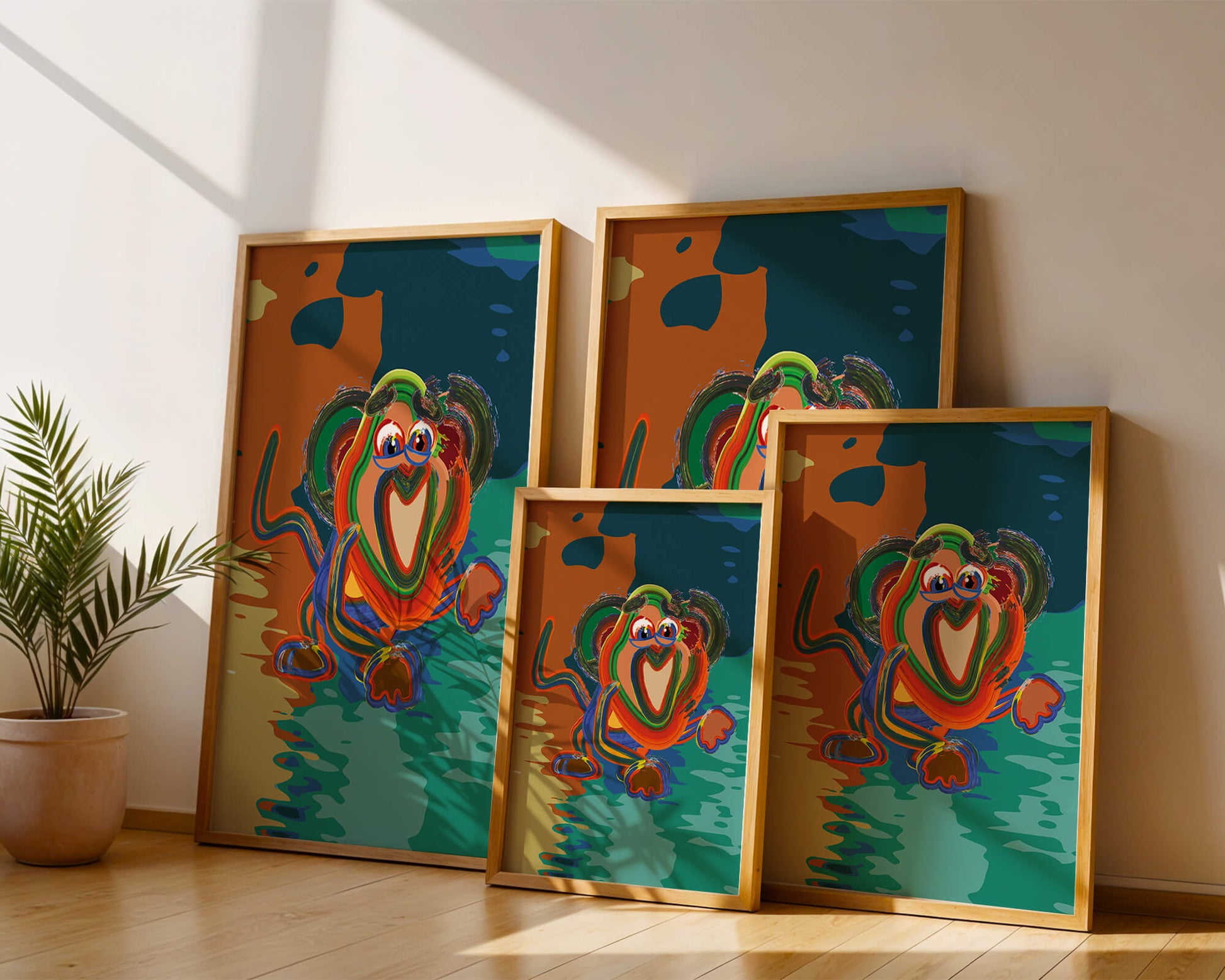 Ilustración abstracta y colorida de un mono con pinceladas audaces