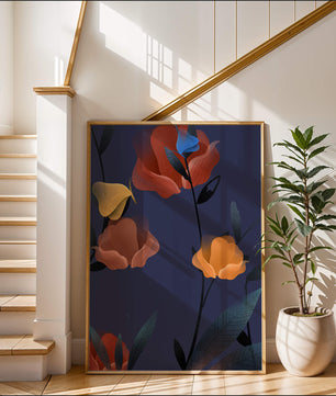 Abstract Floral Illustration with Colorful Flowers on Dark Background
