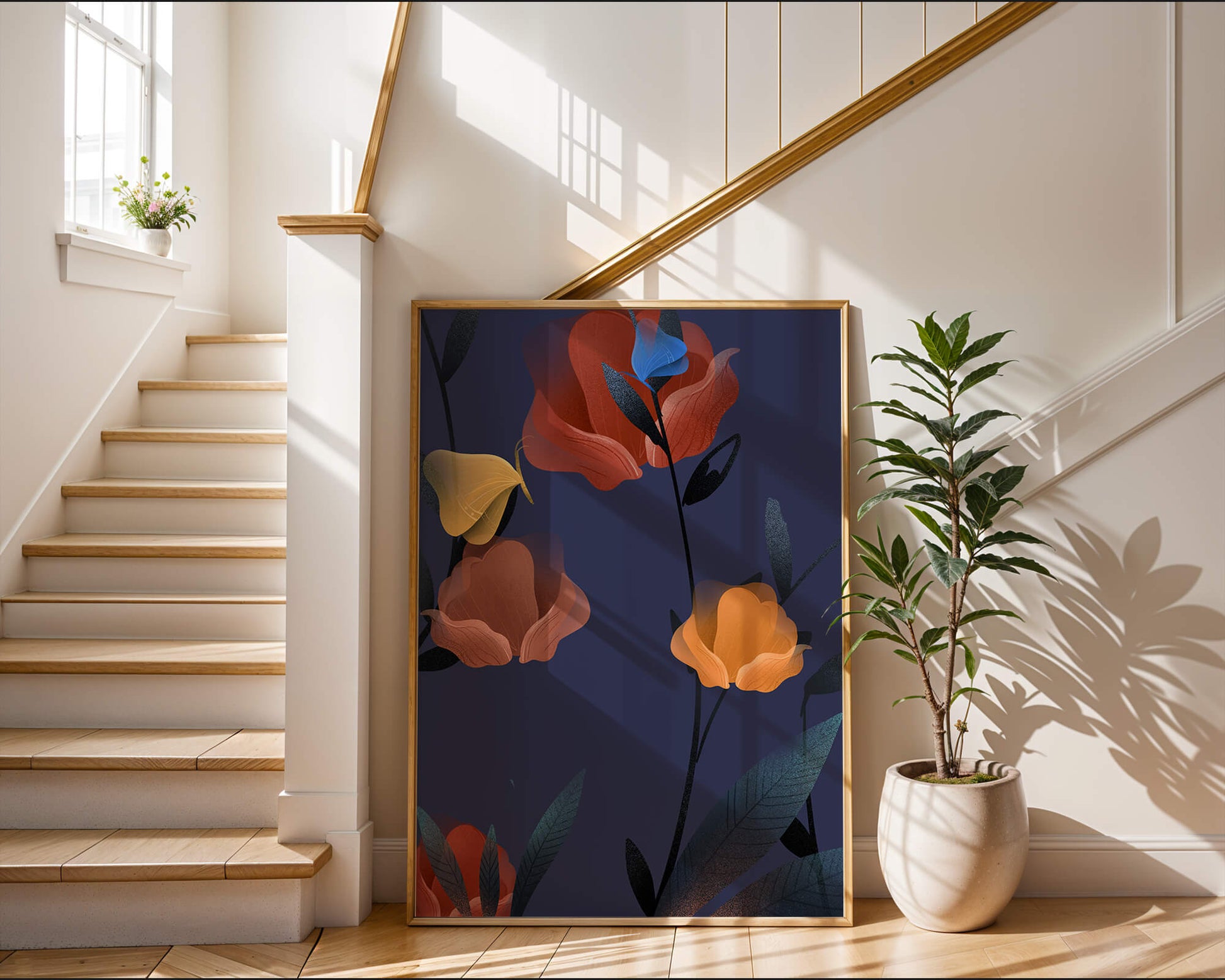 Abstract Floral Illustration with Colorful Flowers on Dark Background
